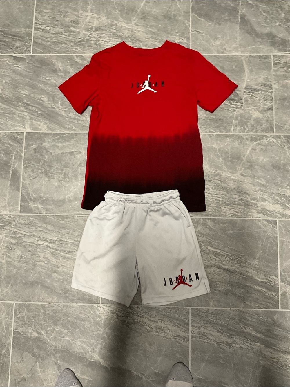 Jordan Red and White Ombre Tee with White Jordan Shorts